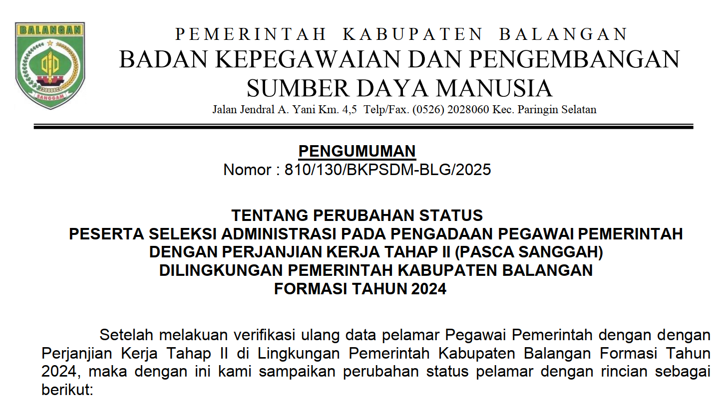 Perubahan Status Hasil Seleksi Administrasi (Pasca Sanggah) PPPK Tahap 2