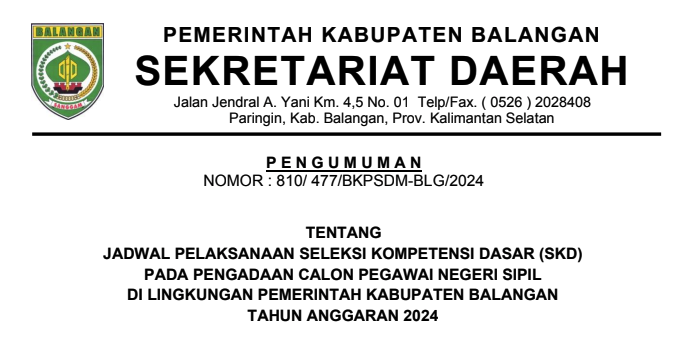 Pengumuman Pelaksanaan Seleksi Kompetensi Dasar SKD CPNS Tahun 2024